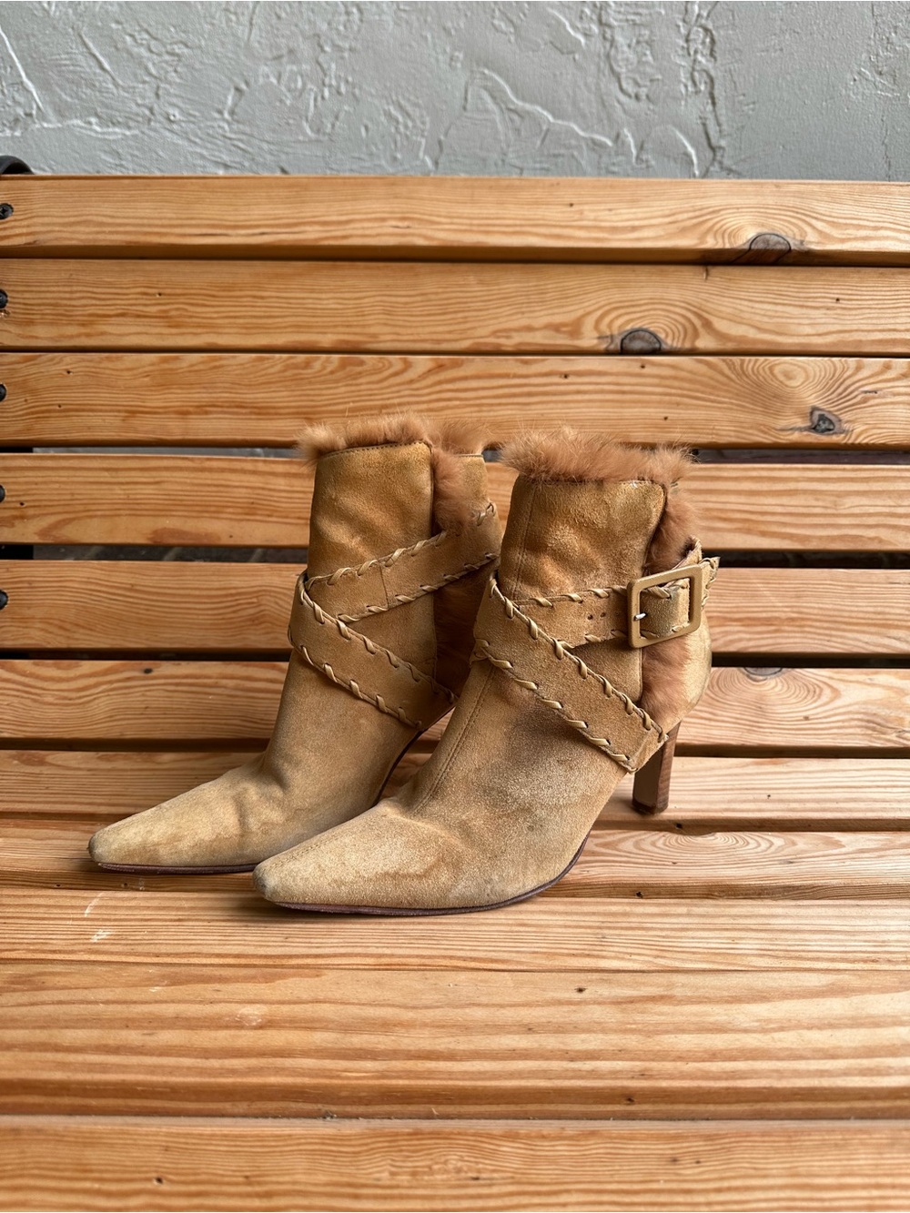 ANTONIO MELANI Tan Suede Pointed-Toe Ankle Boots with Buckle and Faux Fur Trim
